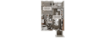 A floor plan of a small apartment with a bedroom and living room.