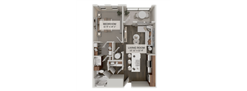 A floor plan of a small apartment with a bedroom and living room.