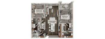 A diagram of a house layout with three bedrooms and a living room.