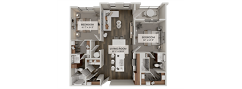 A 3D floor plan of a house showing a living room, two bedrooms, and a kitchen.