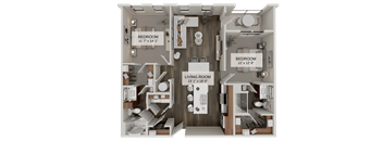 A diagram of a house layout with a living room, two bedrooms, and a kitchen.