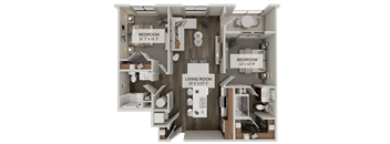 A diagram of a small apartment layout with a living room, two bedrooms, and a kitchen.