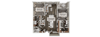 A diagram shows the layout of a living space with two bedrooms and a living room.