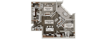A floor plan of a house with three bedrooms and a living room.