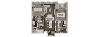 A 3D floor plan of a house showing two bedrooms and a living room.