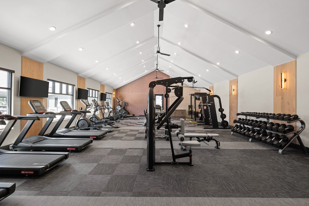 a gym filled with cardio equipment and weights