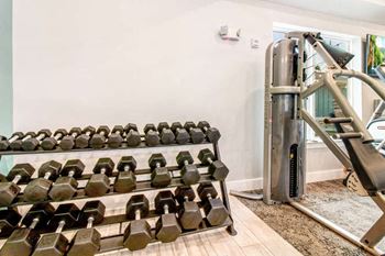 a gym with weights on a rack in a room at Watermark at Urban Blu, Florida, 32407