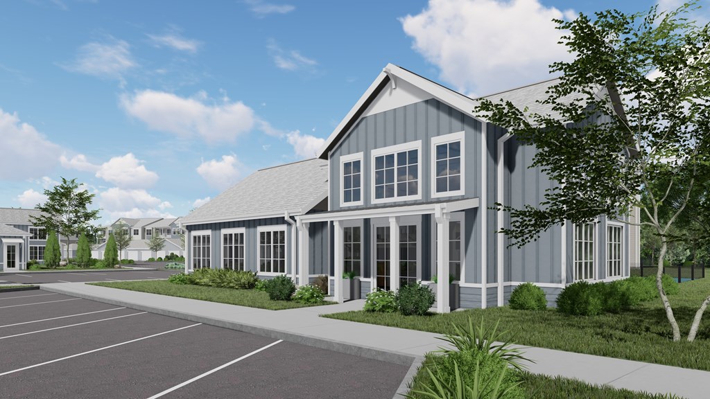 A rendering of a modern building with a large parking lot in front.