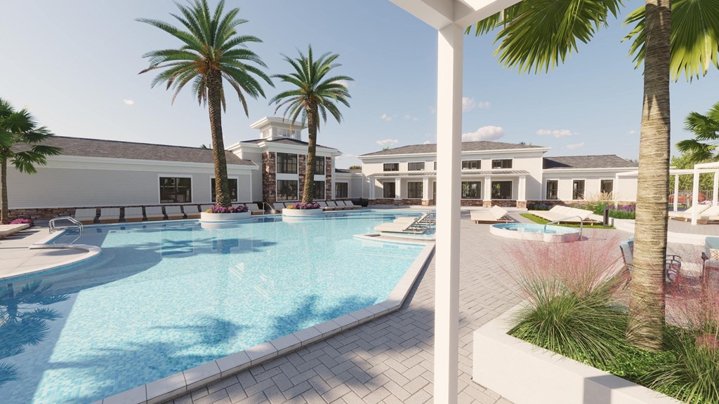 a rendering of a swimming pool with palm trees