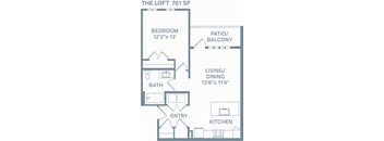 floor plan of a bedroom apartment with a bathroom and a living room at The Quarry, Fort Collins Colorado