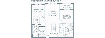 a floor plan of a bedroom apartment with a living room and a dining room at The Quarry, Fort Collins, CO 80526