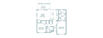 A floor plan of a 1,014 square foot Chateau layout with a living/dining area, kitchen, two bedrooms, bathrooms, and a patio/balcony.