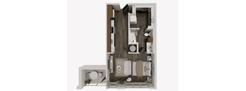 A 3D rendered image of a modern apartment layout.
