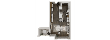 A living room floor plan with a kitchen area and a bathroom.