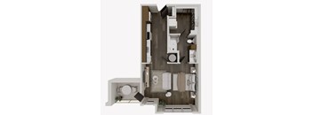 A top-down view of a small apartment with a kitchen, living room, and bathroom.