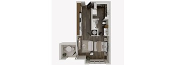 A 3D floor plan of a small apartment with a kitchen, living room, and bathroom.