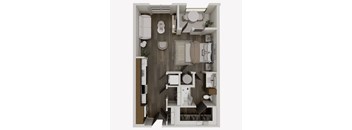 A top-down view of a small, modern apartment with a kitchen, living room, and bathroom.