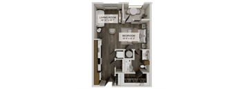 A floor plan of a small apartment with a living room and bedroom.