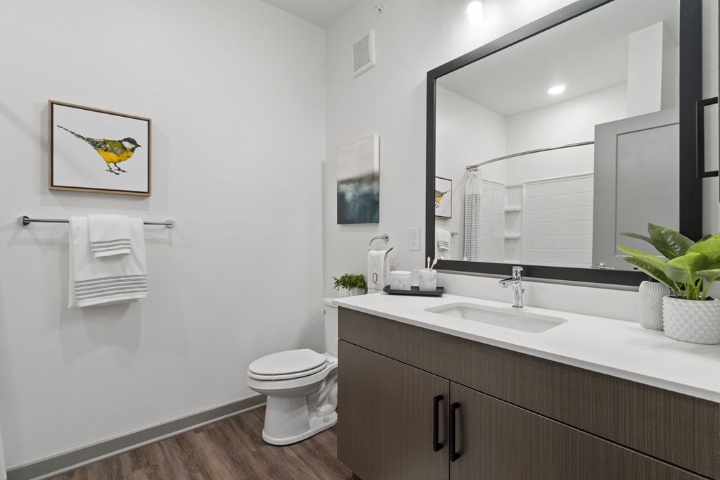 A bathroom with a white toilet, a sink, and a mirror.