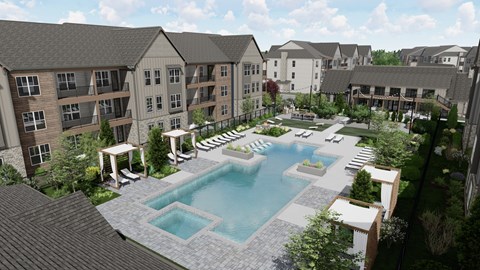 A large swimming pool surrounded by apartment buildings.