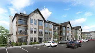a rendering of an apartment building with cars parked in front of it