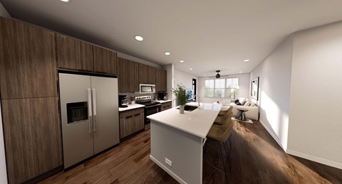 A modern kitchen with wooden cabinets and stainless steel appliances.