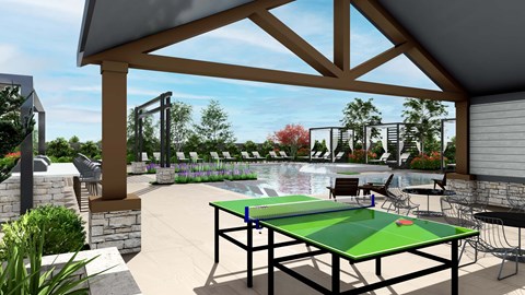 A green table tennis table is set up on a patio. at Stack at Wheat Ridge Apartments, Wheat Ridge, CO, 80033