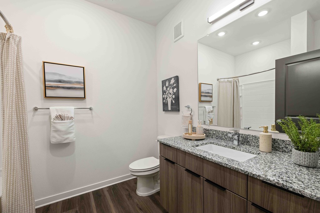 A bathroom with a toilet, sink, and mirror.