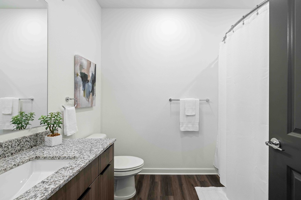 A bathroom with a toilet, sink, and a plant.