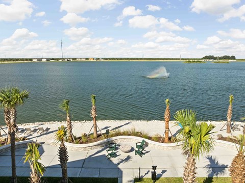 A view of a lake with palm trees and a jet ski in the water.