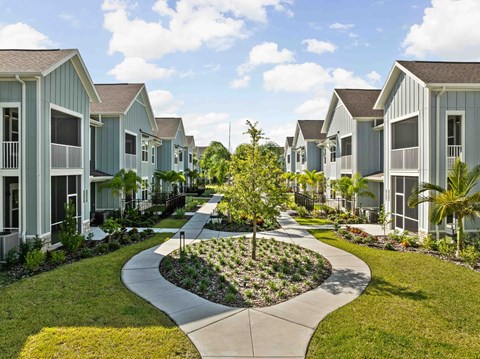 A tree in a garden in front of apartment buildings.