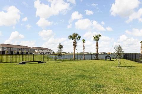 A grassy field with palm trees and a building in the background.