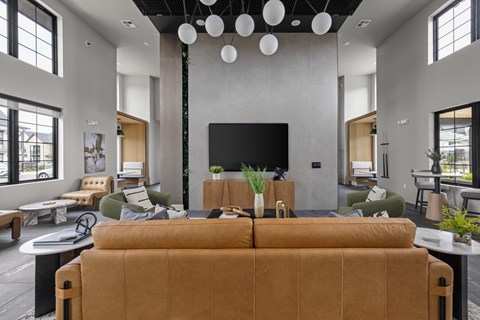 A living room with a brown sofa and a television.