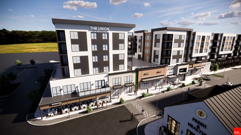 A rendering of a modern apartment complex at The Union Flats at Fishers District, Indiana
