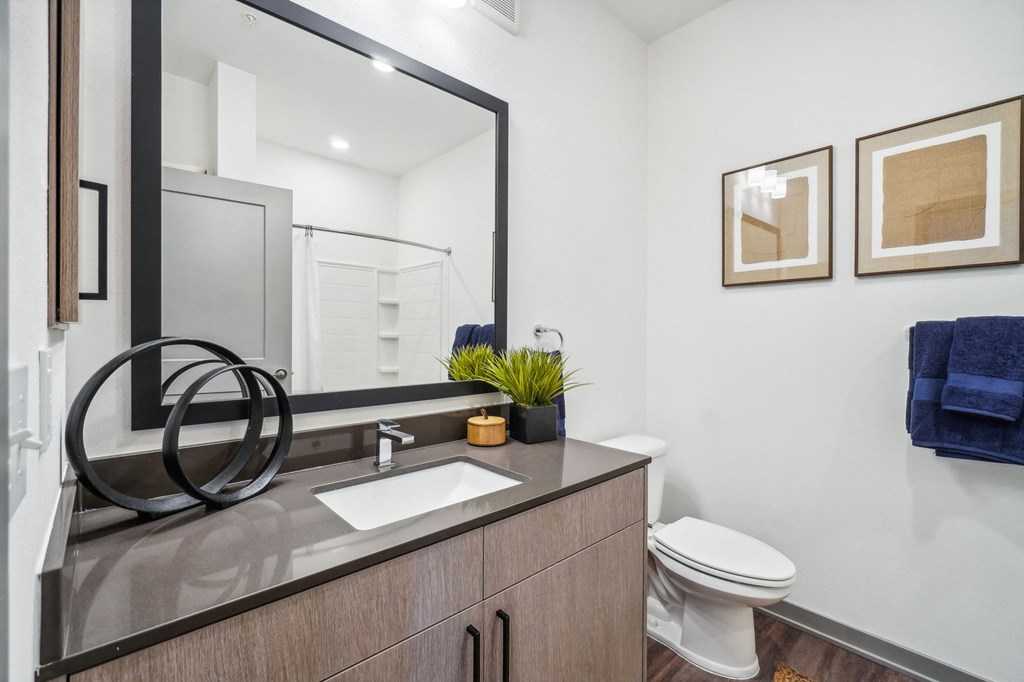a bathroom with a mirror and a sink and a toilet at Premier at West Park Luxury Apartment Homes, Greeley, CO, 80634