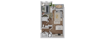 A 3D floor plan of a small apartment with a living room, kitchen, and two bedrooms.