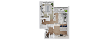 A floor plan of a small apartment with a primary bedroom and a living room.