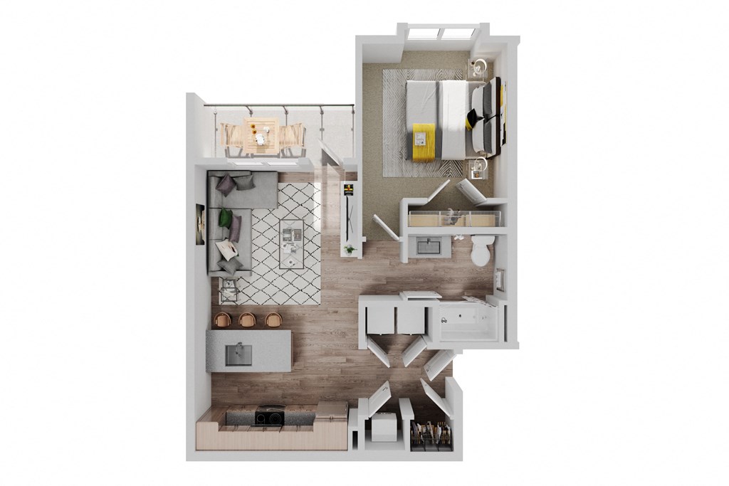 a stylized floor plan with a bedroom and a living room  at The Quinn, Pensacola, Florida