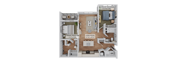 A 3D floor plan of a house showing a living room, two bedrooms, and a bathroom.
