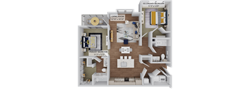 A 3D floor plan of a house showing a living room, two bedrooms, and a secondary bedroom.