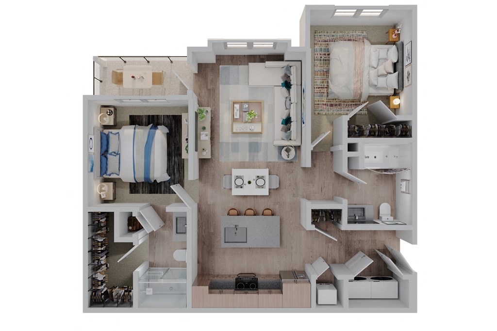 a stylized floor plan of a 1 bedroom apartment  at The Quinn, Pensacola, Florida