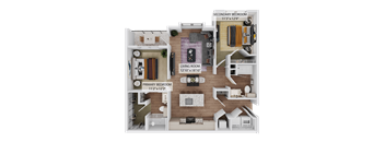 A 3D floor plan of a house showing a living room, two bedrooms, and a bathroom.