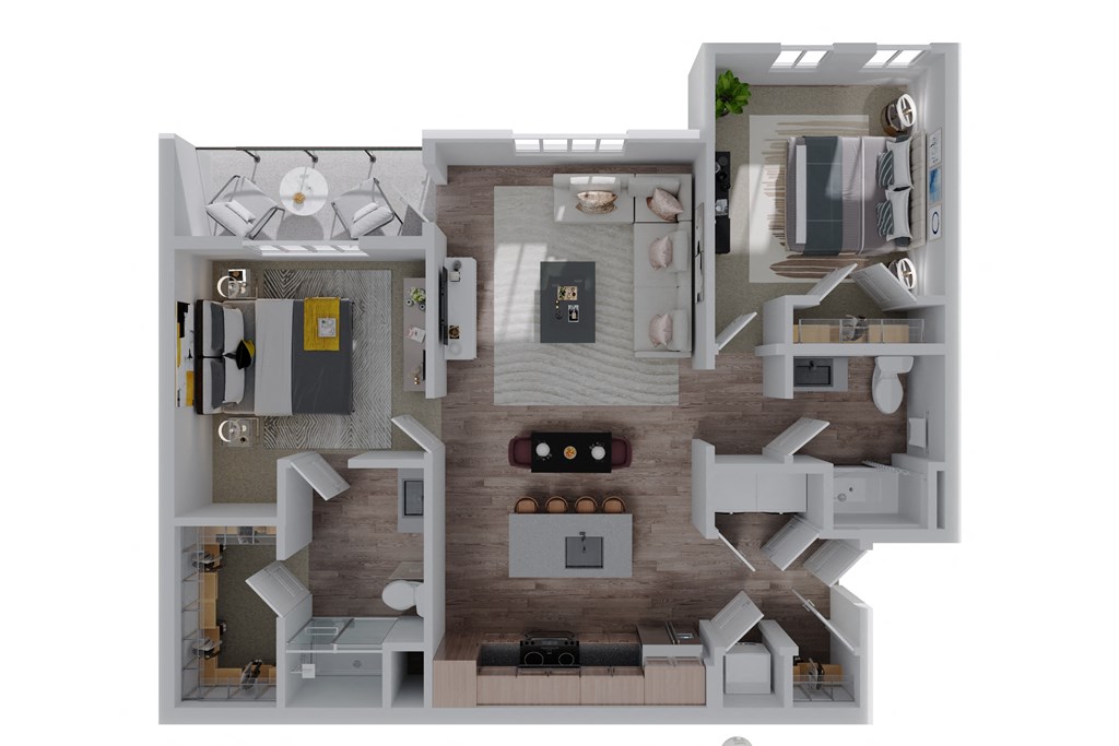a stylized floor plan with a bedroom and living room  at The Quinn, Pensacola, Florida