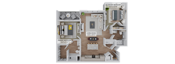 A floor plan of a living space with a primary bedroom, secondary bedroom, and living room.