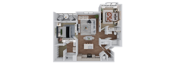 A 3D diagram of a house layout with three bedrooms and a living room.