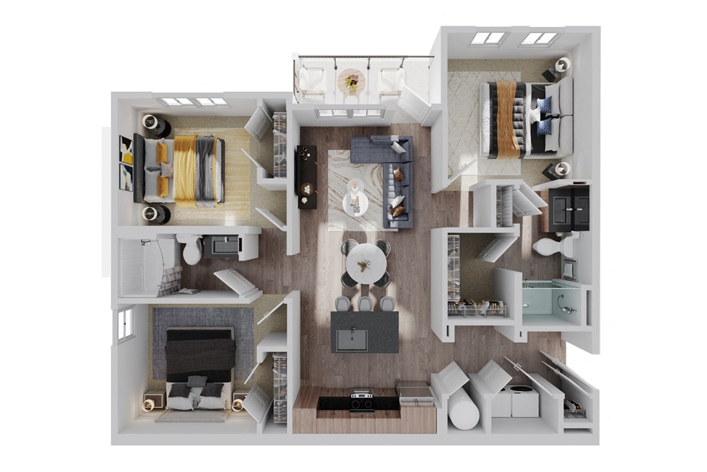 a 3d drawing of a bedroom floor plan with a fireplace  at The Quinn, Pensacola, Florida