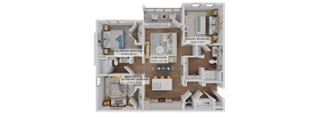 A diagram of a house layout with a living room, two bedrooms, and a kitchen.