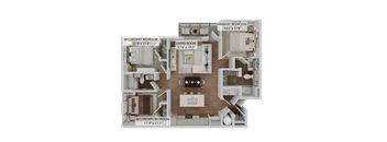 A 3D floor plan of a home showing a living room, two bedrooms, and a kitchen.