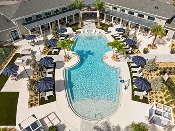 A large outdoor swimming pool surrounded by lounge chairs and umbrellas.