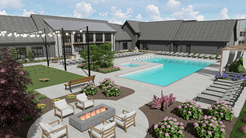 A poolside area with a fire pit and lounge chairs.